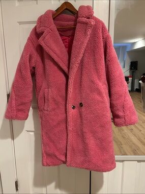 Women's Pink Teddy Coat - Plush Faux-Sherpa Long Jacket